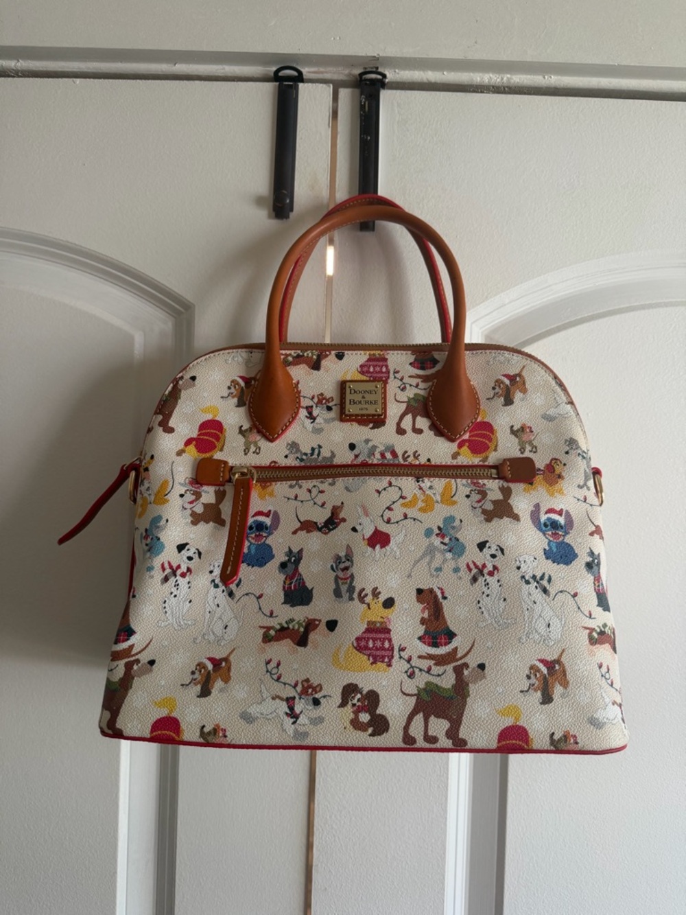 Dooney & Bourke Leather Disney Dogs Satchel Brown Trim Santa Paws Christmas